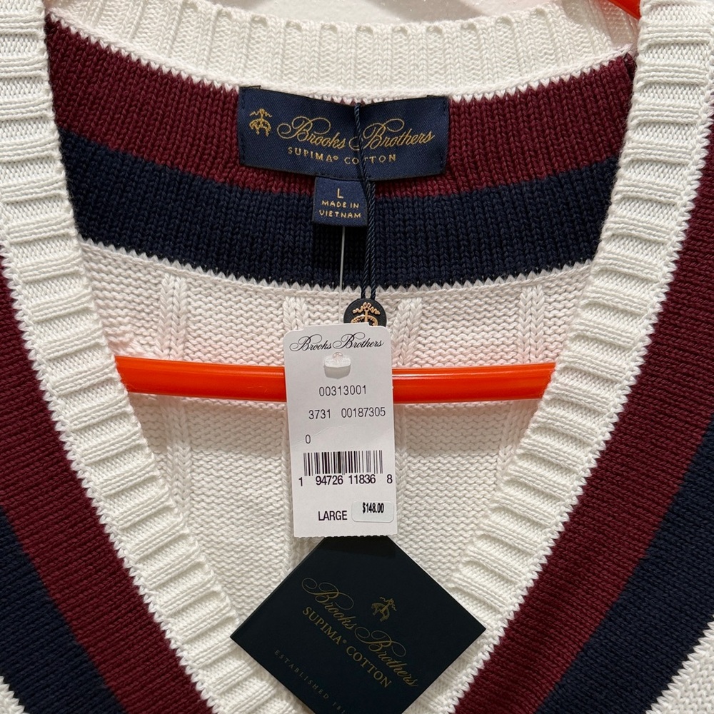 Brooks Brothers White V-Neck Sweater with Navy and Red Stripes - Picture 2 of 5